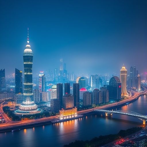 广州夜景天际线与珠江全景