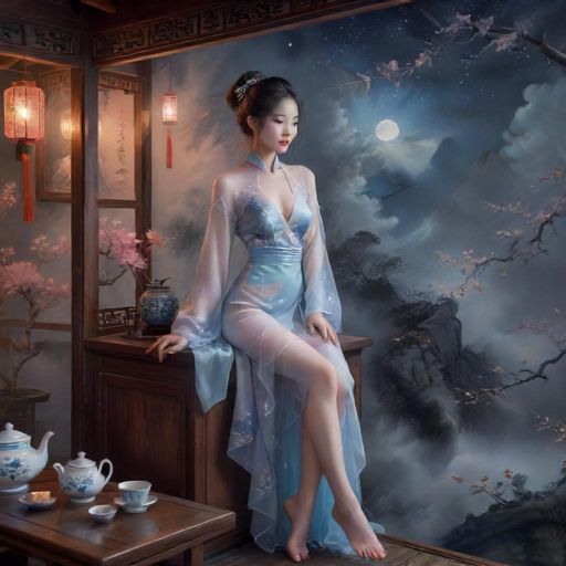 白云茶肆夜景插画