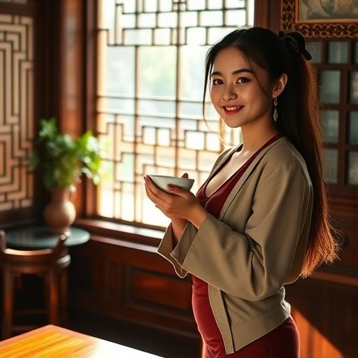 女子在茶室拍照