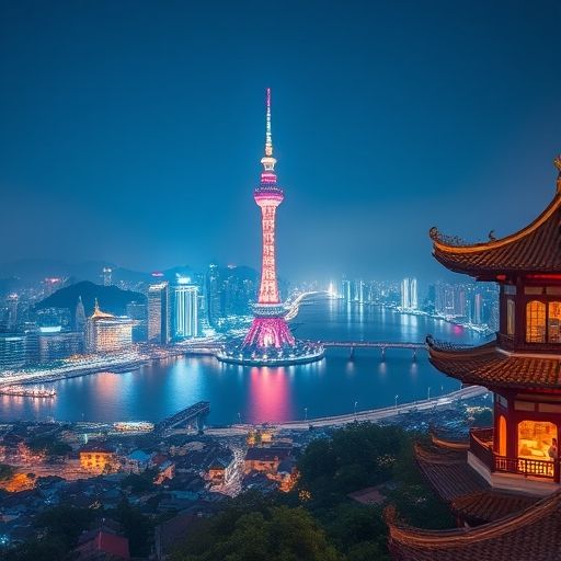 广州塔与佛山传统建筑夜景