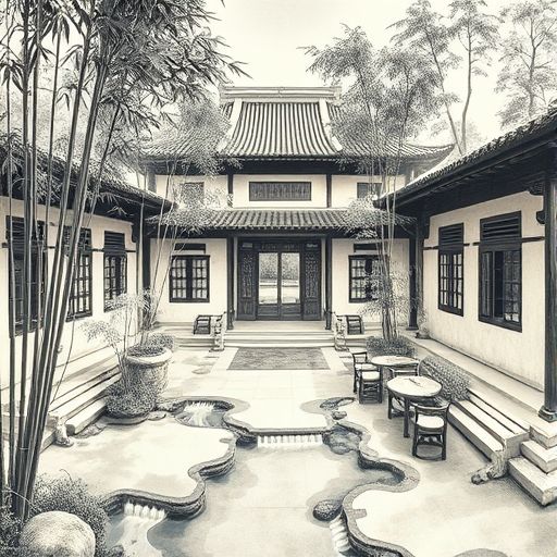 中式茶肆的庭院美景