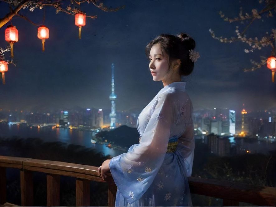 深圳罗湖一家现代奢华风格的休闲会所大堂，夜晚灯光璀璨。