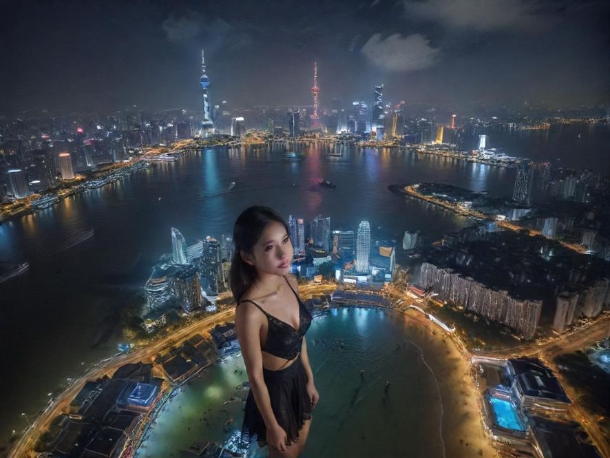 一架无人机在广州珠江新城的高楼大厦上空盘旋，俯瞰城市夜景