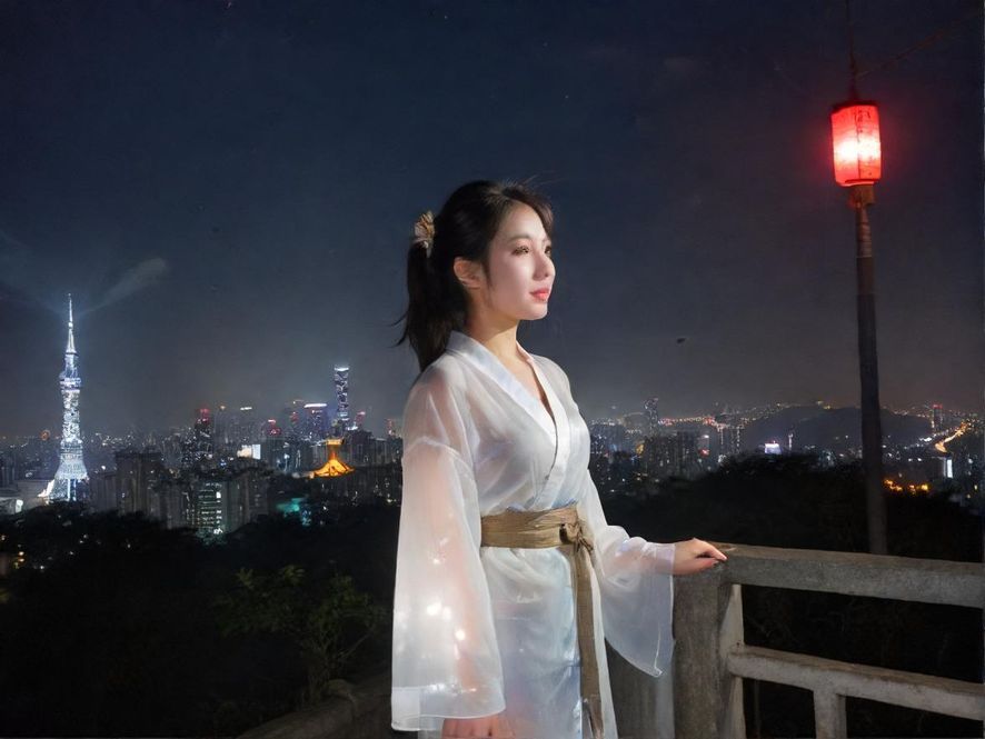 广州一家充满未来感的夜场酒吧，霓虹灯光与赛博朋克风格融合，透过玻璃窗可见繁华的城市夜景，人影攒动，充满活力。