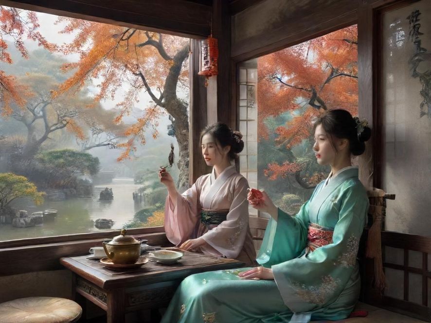 一间布置雅致、灯光柔和的中式茶馆内景，充满宁静舒适的氛围。