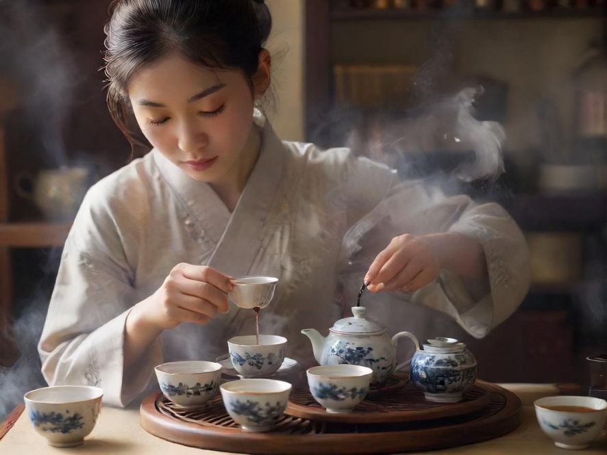 一位茶艺师专注地进行茶道表演，精致的茶具旁蒸汽缭绕，背景充满禅意。
