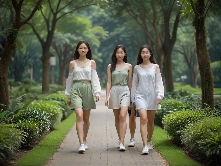 深圳公园里悠闲散步的年轻男女，享受城市绿洲的宁静