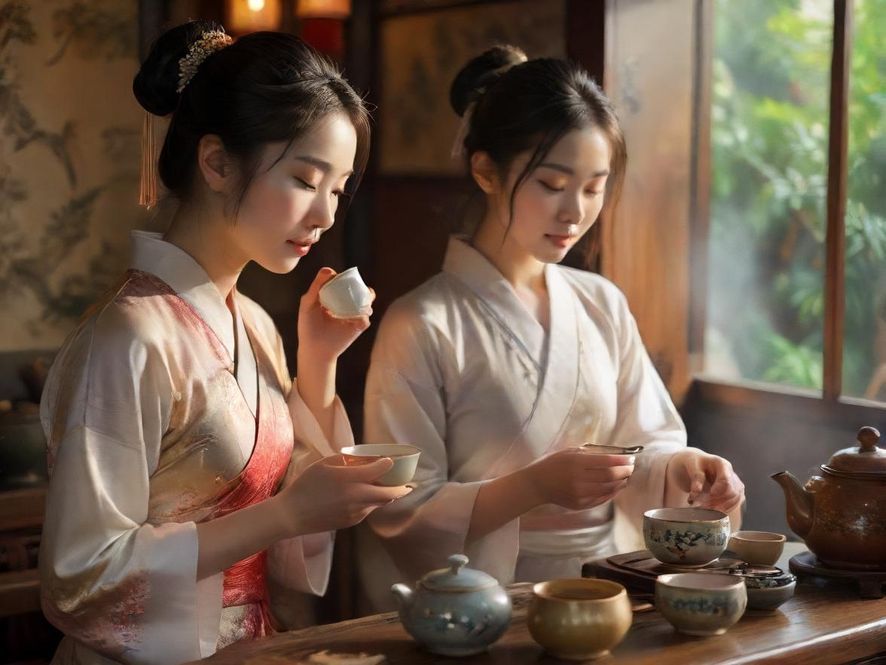 一位茶艺师正在进行茶道表演，姿态柔美优雅，整体呈现唯美艺术风格，背景是传统的中国茶馆，氛围宁静而充满韵味。