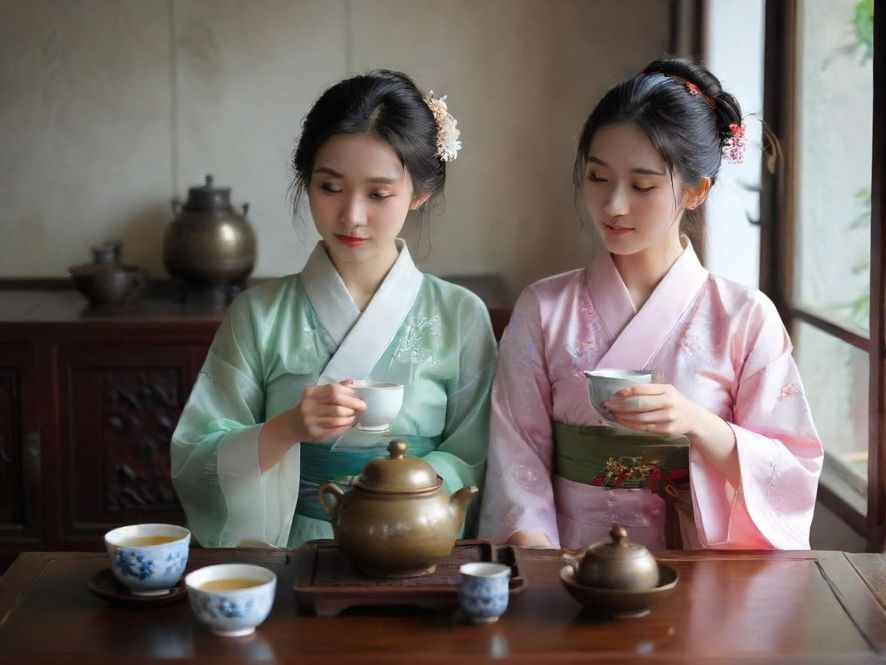 金丝楼凤社区中一间典雅的私密茶室，茶艺师正在为客人泡茶，氛围宁静。