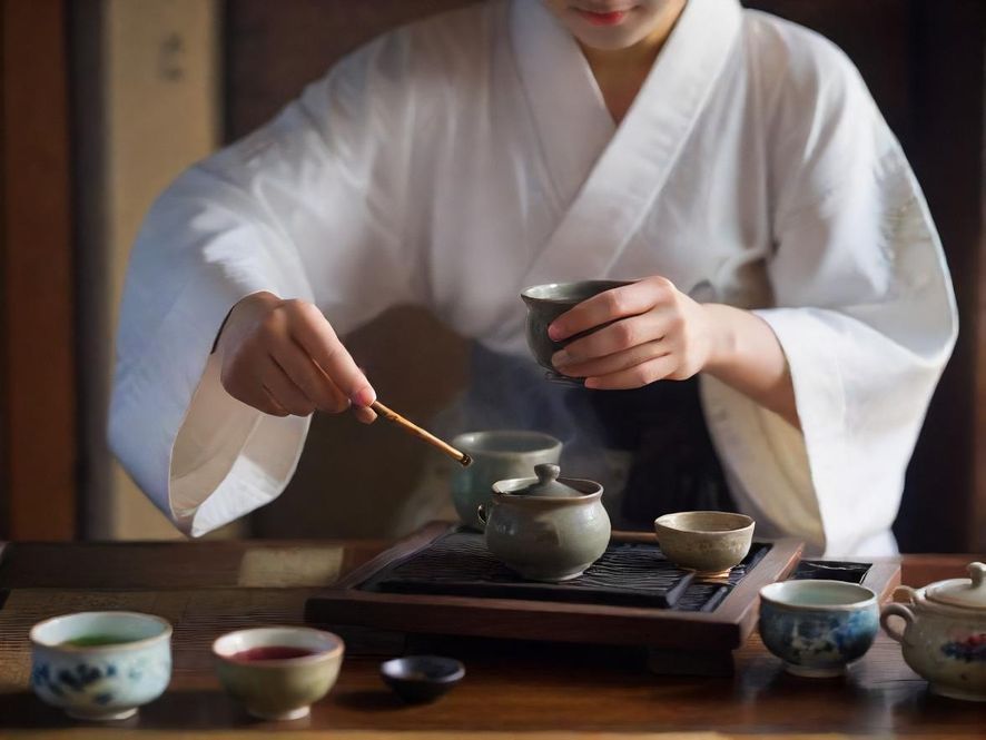 一位茶艺师正在进行茶道表演，动作专注而优雅，展现出茶文化的魅力