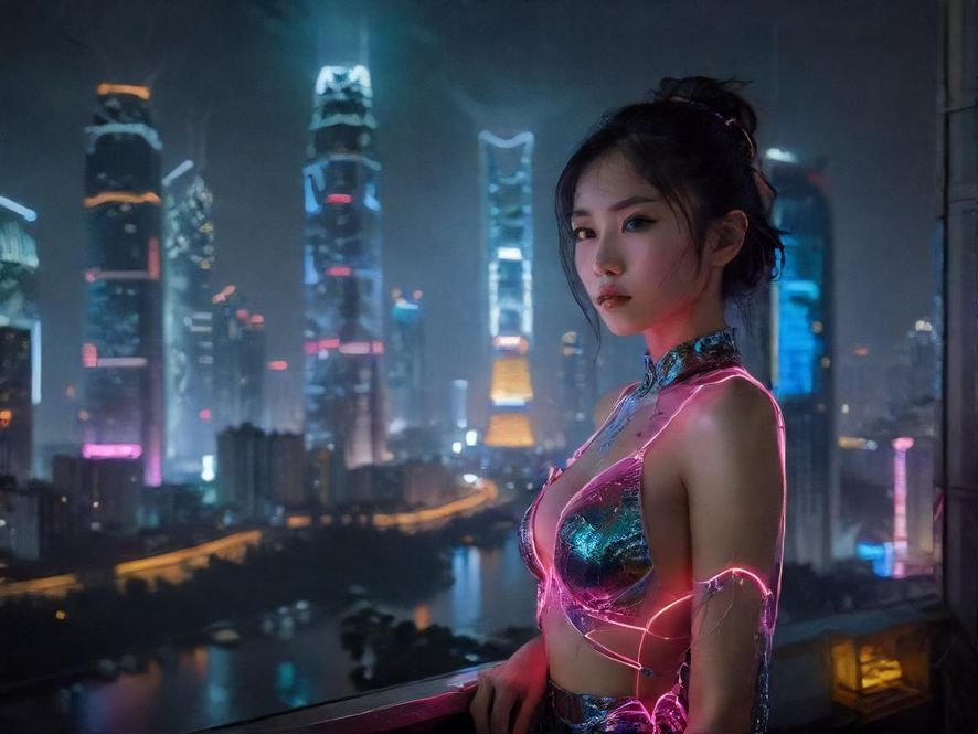 广东都市夜景，霓虹灯光璀璨，高楼大厦在夜色中勾勒出赛博朋克般的未来感轮廓。