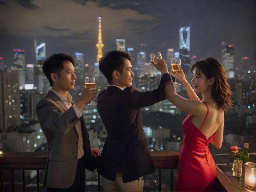 在迷人的城市夜景下，一对情侣在露台酒吧举杯，享受浪漫时刻
