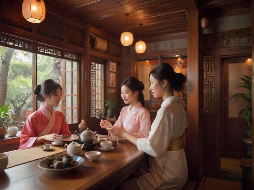 古色古香的深圳茶馆内部，木质桌椅，茶具精美，光线柔和，营造出宁静雅致的品茶氛围。