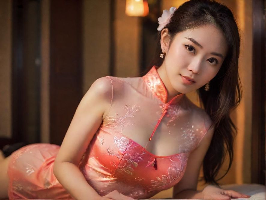 一位广州桑拿技师身着优雅旗袍，在柔和光线下提供温馨服务的侧面特写