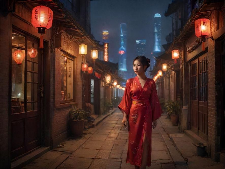 上海夜晚老弄堂街头夜景
