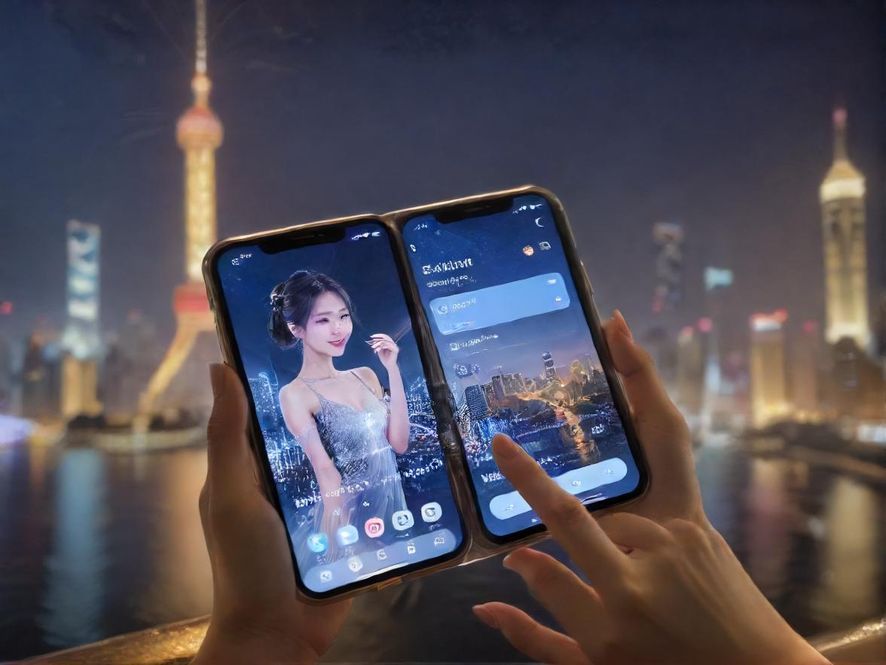手机屏幕上显示着社交群聊界面，背景是模糊的城市夜景灯光