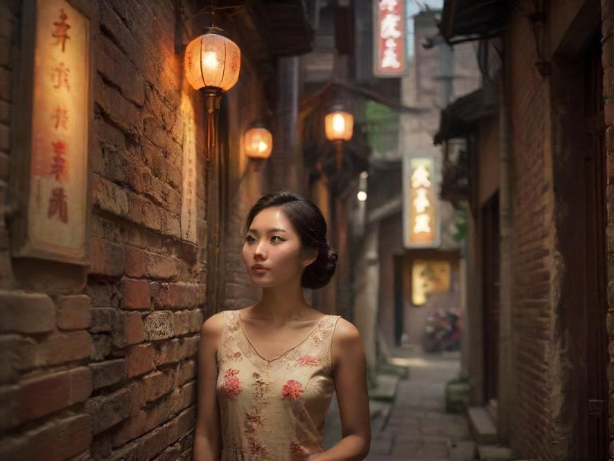 广州老城区一条安静的巷子深处，一个模糊的招牌在暖色灯光下若隐若现