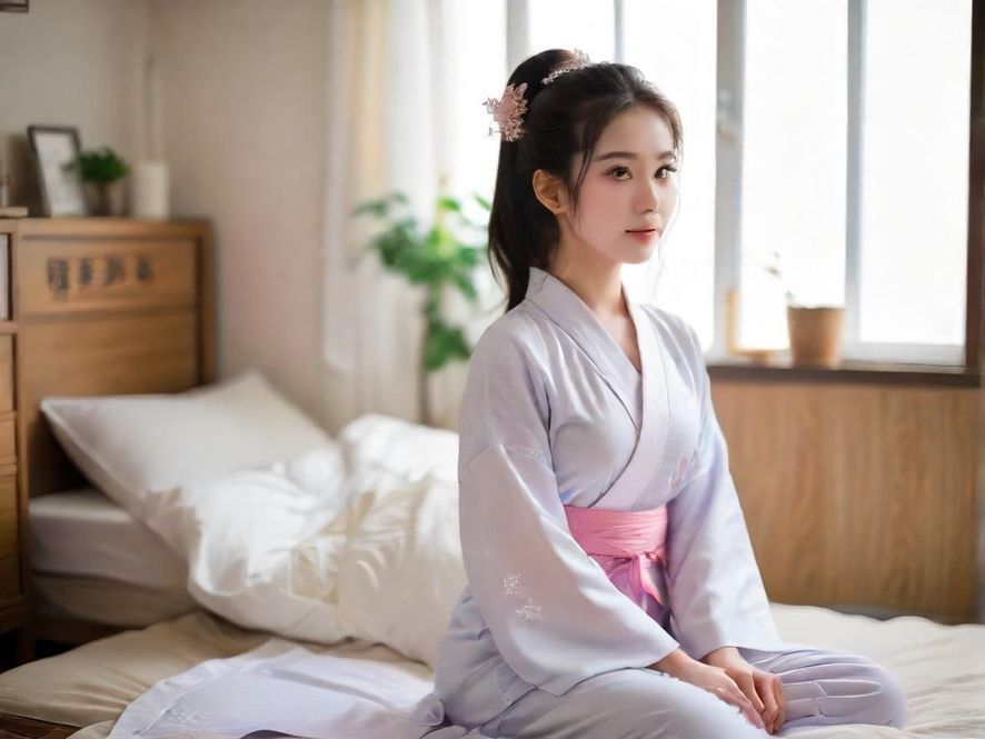 一位女性在温馨卧室中放松的背影,享受居家舒适时刻