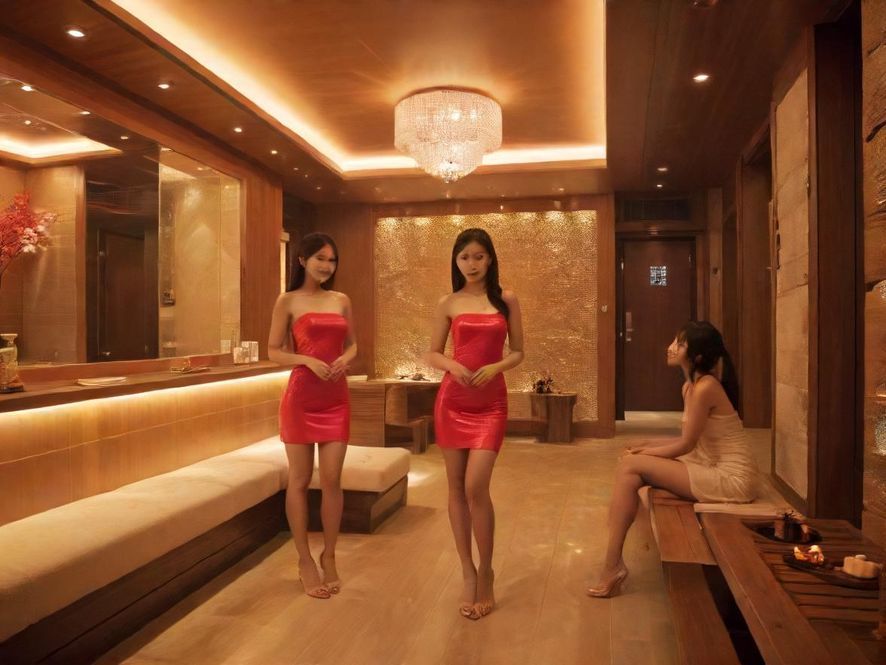 广州高端桑拿会所大堂，宽敞明亮，现代奢华设计，营造尊贵氛围。