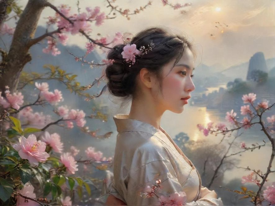 一位女士在花艺课上，手中拿着一束鲜花，脸上洋溢着开心的笑容，阳光透过窗户洒在她身上，营造出温馨的氛围。