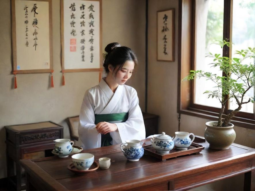 一位气质优雅的茶艺师在温馨的茶室中，专注地为客人冲泡香茗，茶香四溢，氛围宁静。