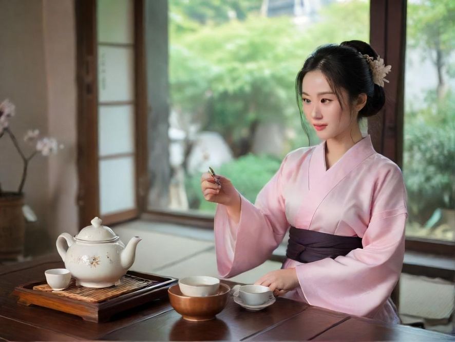 一位气质优雅的女士在广州雅致茶室中品茶