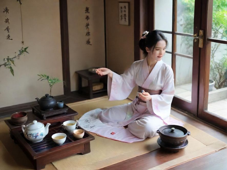 一位优雅的女性在光线柔和的茶室中品茶,展现成熟韵味与宁静休闲。