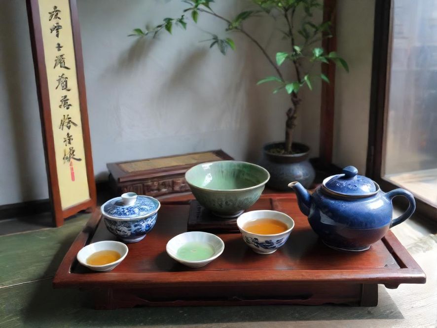 一位优雅的广州茶艺师正在传统茶室中进行茶道冲泡，专注而专业