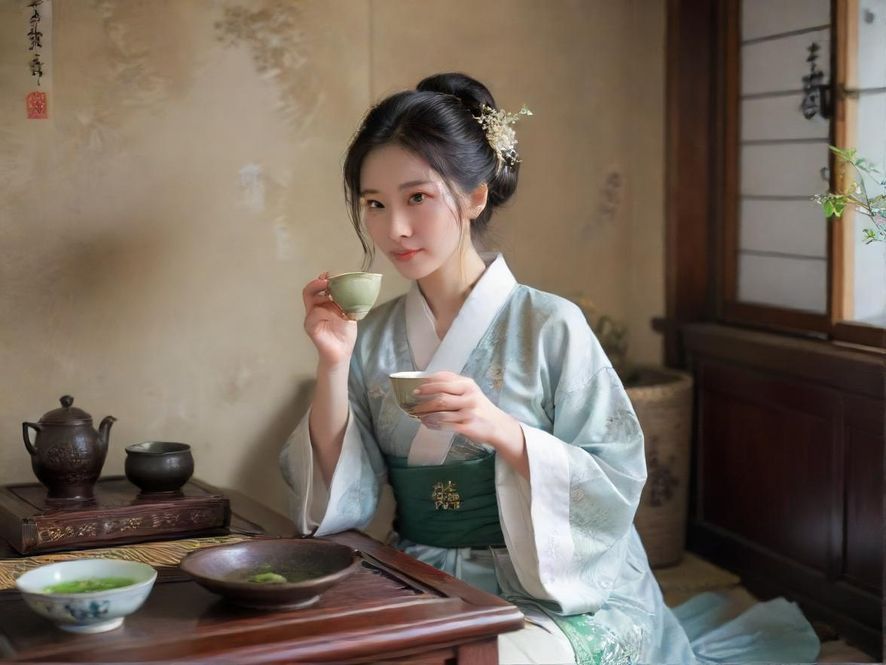 一位女士在广州传统茶馆中,背对镜头,沐浴在柔和的光线中,享受宁静的茶室氛围。