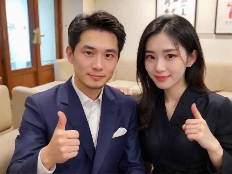 在一家充满电影感的奢华休闲会所内，一对时尚男女正在愉快地互动交谈，灯光柔和，氛围轻松而富有情调。