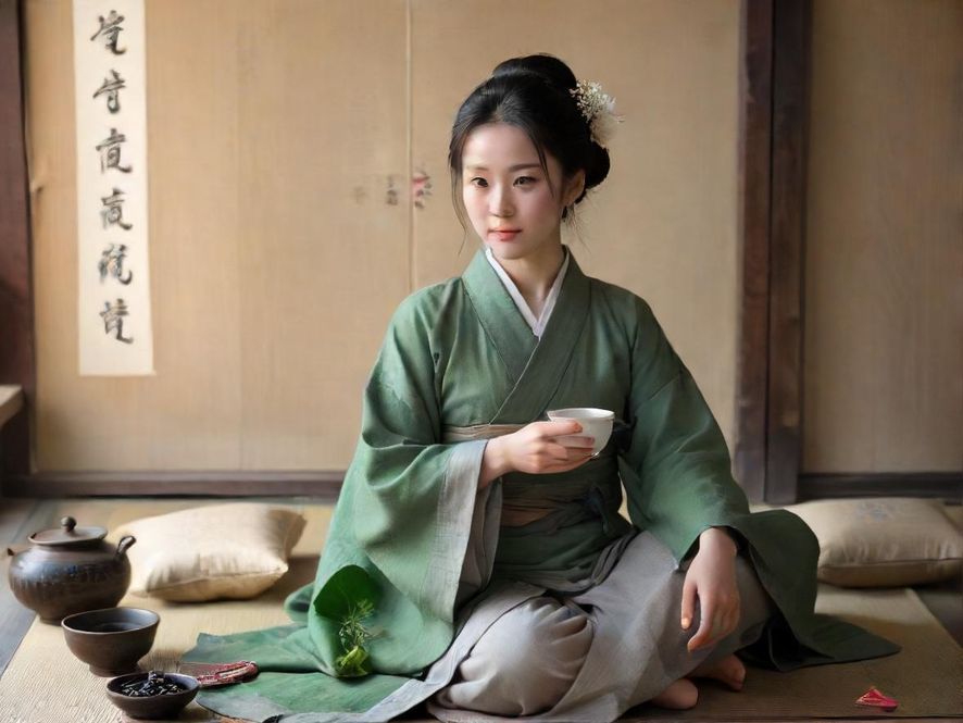 一位气质优雅的女士在现代中式茶室中品茶,光线柔和,营造出宁静舒适的氛围。