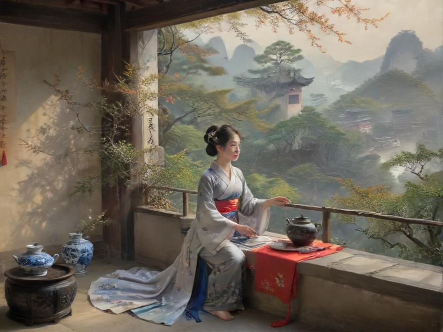 一位气质优雅的女性侧影,坐在温馨的茶室中,光线柔和,背景是舒适的沙发和精致的茶具。