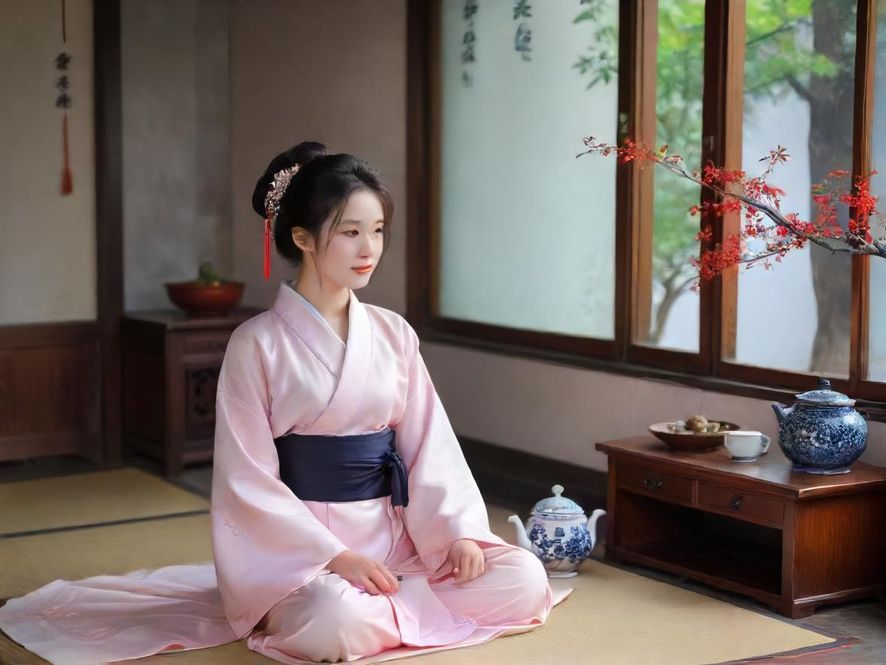 一位身着优雅旗袍的广州佳丽,侧身而坐,手持精致茶盏,眼神温柔,背景是古色古香的茶室,光线柔和,营造出宁静雅致的氛围。