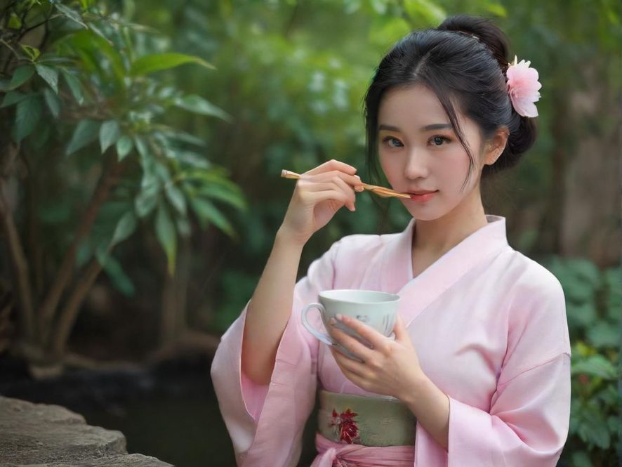 一位气质优雅的女子在上海品茶后花园的落地窗边品茗,侧面特写,光线柔和,意境唯美。