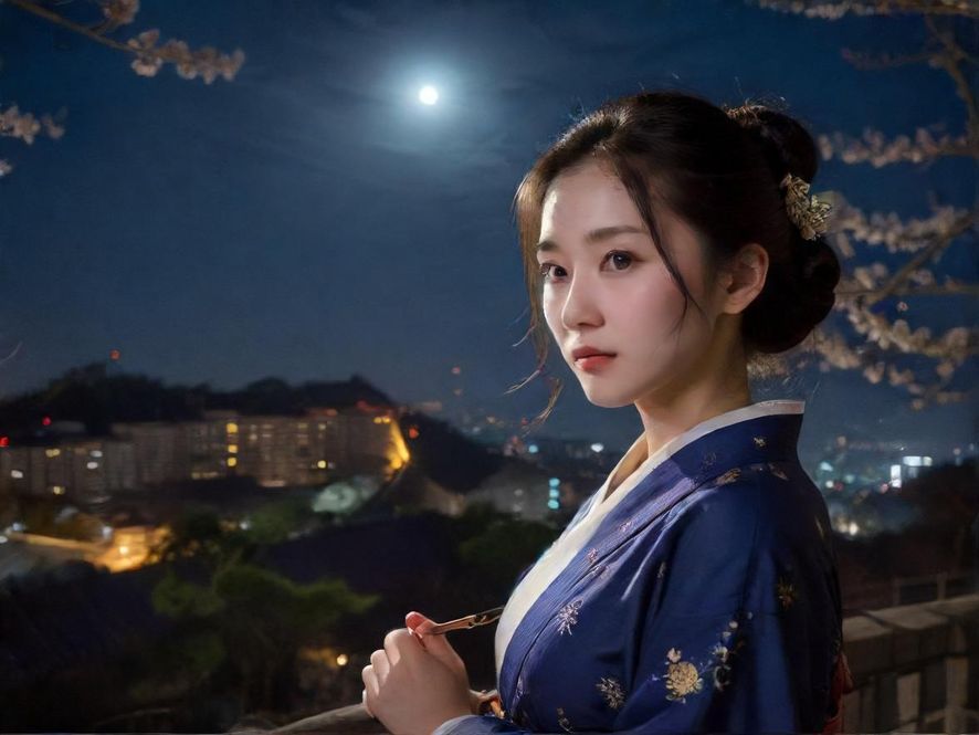 一位身着优雅长裙的女士,背对镜头,在奢华会所的露台上眺望璀璨的城市夜景,画面富有电影感。