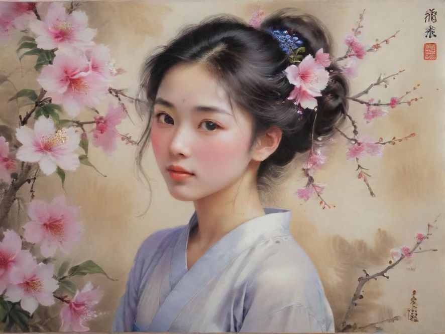 一位女子在柔和的光线中放松冥想,周围是充满生机的秘密花园,宁静而舒适